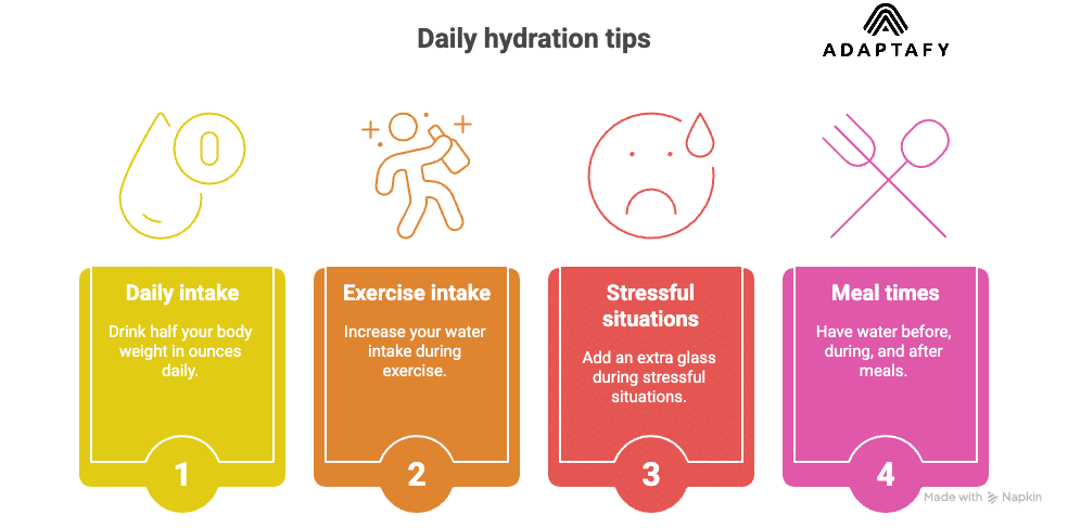 Diagram with hydration goals: drink half your body weight in ounces, increase during exercise, add a glass when stressed, and hydrate before, during, and after meals. Diet for High Cortisol Article.