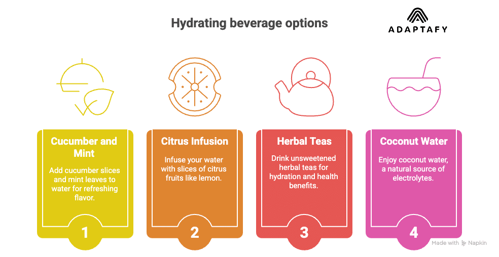 Diagram with hydration tips: add cucumber and mint, infuse with citrus fruits, drink herbal teas, and enjoy coconut water for electrolytes. Diet for High Cortisol Article