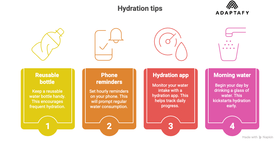 Diagram with hydration tips: use a reusable water bottle, set reminders, track intake with an app, and start your day with a glass of water. Diet for High Cortisol article.
