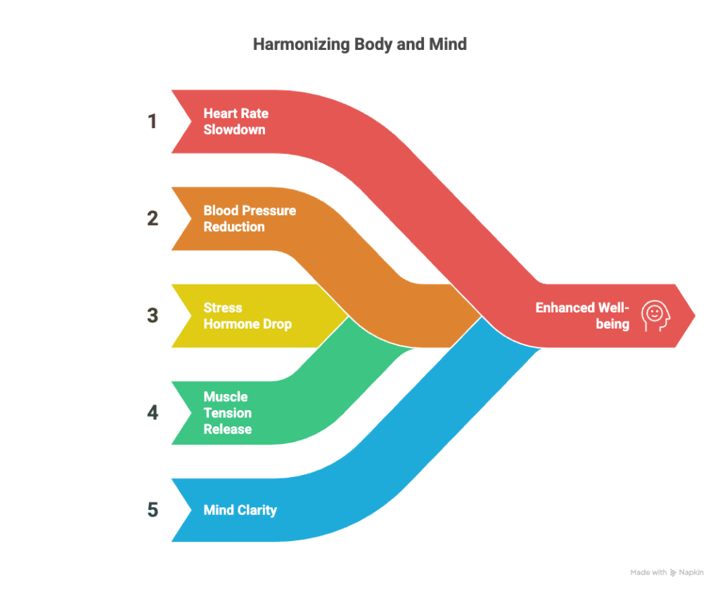 Diagram showing effects of deep breathing: heart rate slows, blood pressure decreases, cortisol drops, muscles relax, and mind clears. Calm Your Nerves for Men Article.