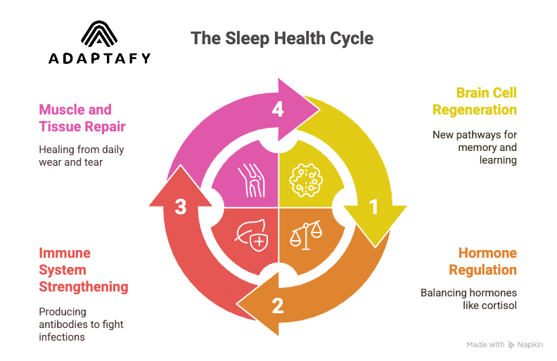 Diagram showing how sleep supports brain cell regeneration, hormone balance, immune strength, and muscle repair for overall physical and mental function. Good sleep health article for men by Adaptafy.