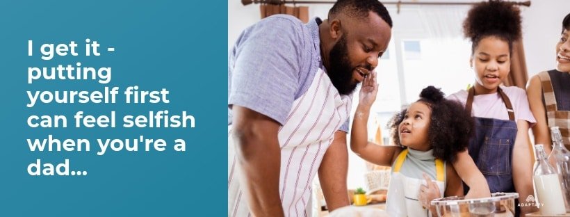 Dad baking with kids and playing with ingredients. Hard to put yourself first with all these responsibilities. Good Sleep Health article for dads by Adaptafy.