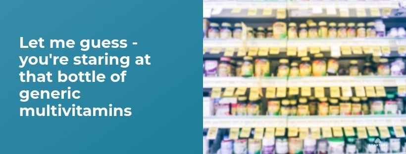 Bottles of supplements on store shelf to set stage for article. Supplements for Men Over 40 article by Adaptafy.