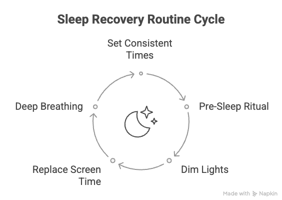 Diagram shows busy dads how to build a recovery routine: set sleep/wake times, create pre-sleep rituals, dim lights, avoid screens, and unwind before bed.